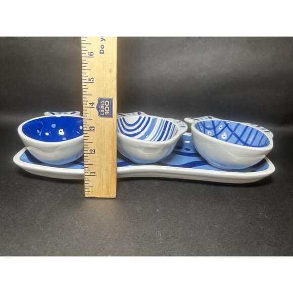 4pc Crate & Barrel Blue & White Fish Snack Set - Picture 2 of 5